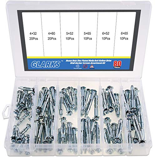 Glarks 80Pcs 6 Size Heavy Duty Zinc Plated Steel Molly Bolt Hollow Drive Wall Anchor Screws Assortment Kit for Drywall, Plaster and Tile