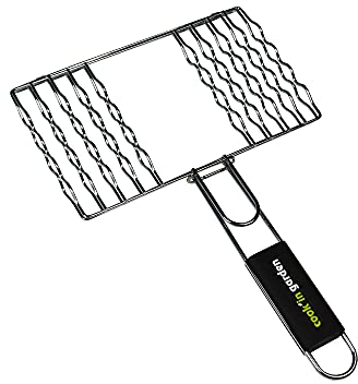 Cook'in garden, GR023, Grille 8 Saucisses 27X18 cm, Résistante aux flammes et hautes températures, Manche en matière softouch facile à prendre en main, Compatible avec de nombreuses marques