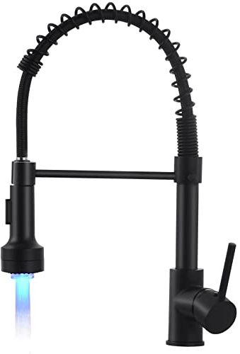 AIMADI Küchenarmatur Ausziehbar LED Wasserhahn Küche, 2 Wege Spüle (Strahl & Spray), 360° Drehbar, Einhebelmischer für Spülbecken, Schwarz Matt