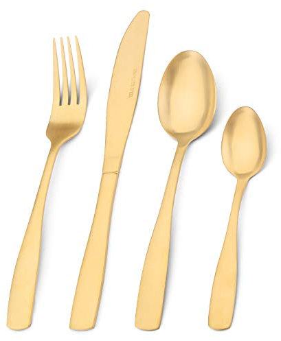 Bettlife 16-Piece Tableware Set - Stainless Steel Flatware & Silverware with Matt Gold Knife and Fork Set, Service for 4, Dishwasher Safe