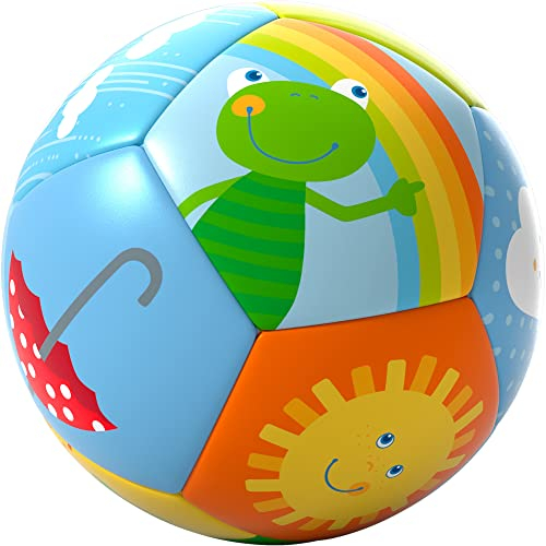HABA Babyball Regenbogenwelt – Weicher Ball ab 6 Monaten mit bunten Wetter-Motiven, Ø 11 cm, Perfekt für erste Greif- & Ballspiele – 1306318001