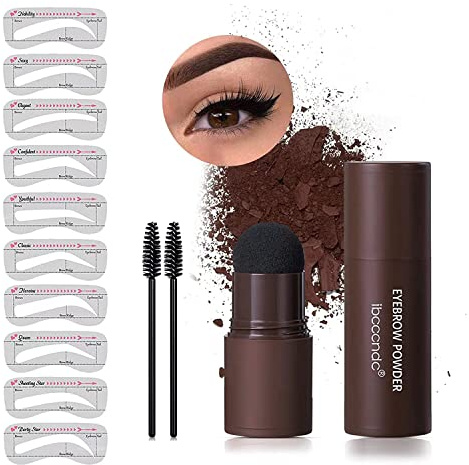 Eyebrow Stencil Kit, One Step Brow Powder Stamp Makeup with 10 Reusable Eyebrow Stencils＆2 Eyebrow Pen Brushes, Professional Waterproof Brow Powder Stamp (Dark Brown)