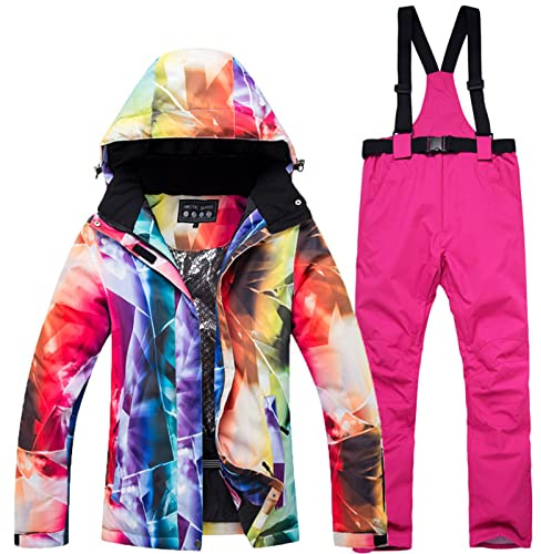 WYOUTDOOR Skianzug für Damen, Winterjacke und Skihose, bunt, Snowboard, Jacke und Hose mit Trägern, wasserdicht, mit Kapuze, Schneeanzug
