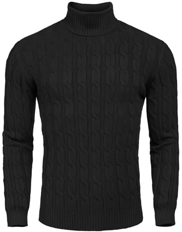 Coofandy Pull décontracté à col roulé pour Homme, Coupe ajustée, Pull en Tricot torsadé, Noir, XS
