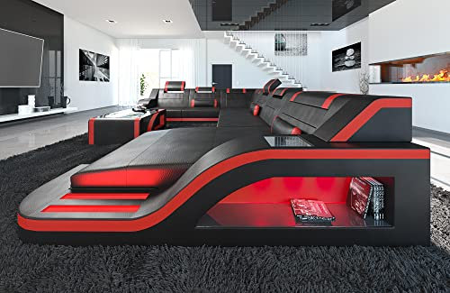 XXL Sofa Wohnlandschaft Palermo Ledersofa U Form - mit LED Beleuchtung, verstellbare Kopfstützen, Recamiere/Lederfarben wählbar/Ausrichtung wählbar (Ottomane rechts, Schwarz-Rot)