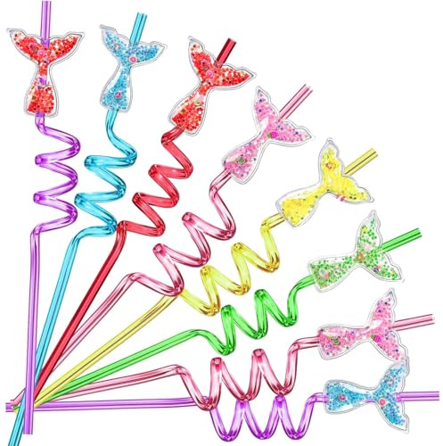 24 Glitter Mermaid Party Favors Drinking Straws for Mermaid Under the Sea Birthday Party Decorations Supplies with 2 PCS Straws Cleaning Brush