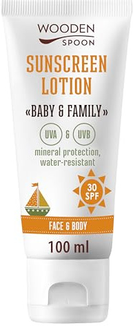 Wooden Spoon Ekologisk Solkräm Baby och Familj SPF 30 – 100% Naturlig, Osynlig Zink, Ingen Vit Hinna, Hypoallergen, Vegansk, Vattentålig – 100 ml