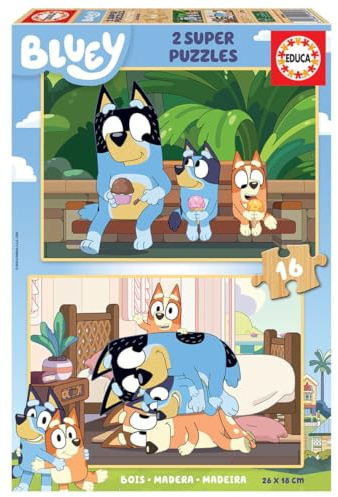 Educa - Holzpuzzle mit 16 Teile | Bluey Super Puzzle, 2x16 Teile Holzpuzzleset für Kinder ab 3 Jahren, Kinderpuzzle (19406)