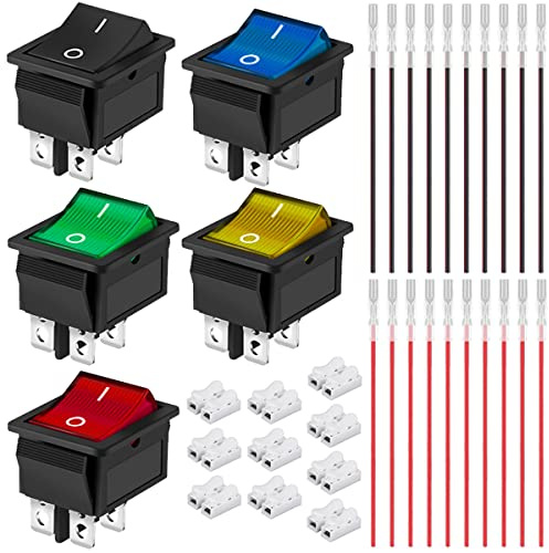 Xiatiaosann 5 Stück Kippschalter AC 16A/250V 20A/125V DPST Ein/Aus 5 Farben (Schwarz/Rot/Grün/Gelb/Blau) 4 poliger 2 Positionen LED Licht Selbsthemmung Wippschalter mit Crimpdraht