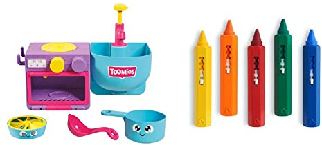 Toomies E73264 Bubble & Bake Bathtime, Baby, Bath Toddlers, Kitchen Themed Bubble Making Toy, 2 in 1 Set & Munchkin Bath Time Toy Crayons - Multi-Coloured, Pack of 5