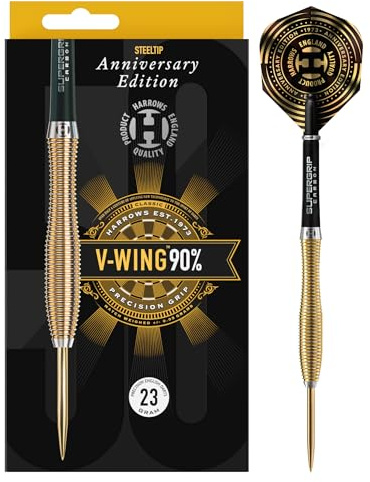 Harrows V-Wing 90% Tungsten Steel Tip Darts Set | Erhältlich in 21g, 23g & 25g | Inklusive gebogenem 'V-Wing' Barrel, Midi Supergrip Carbon Schäfte & Neue Anniversary 100 Mikron Flights (25g)