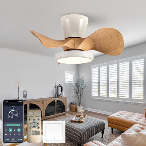 Caufloce Klein Modern Deckenventilator Mit Licht Reversibel Timer Deckenventilator Mit Beleuchtung 6 Gang Dc Dimmbar Leise Ventilator Lampe Für Schlafzimmer Wohnzimmer-black woodgrain