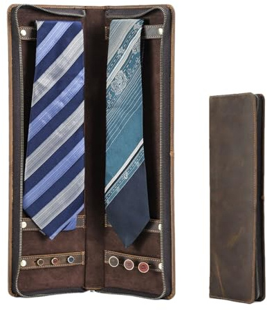 CONTACTS Ties Travel Case Leather Neckties Storage Box Formal Dress Accessories Anti Wrinkle Organizer for 2 Ties with Cufflinks Holder