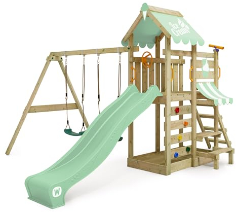 WICKEY Aire de Jeux VanillaFlyer portique en Bois avec bâche & balançoire et Toboggan, Tour d'escalade pour Enfants avec bac à Sable, échelle et Accessoires de Jeu pour Le Jardin - Vert Pastel
