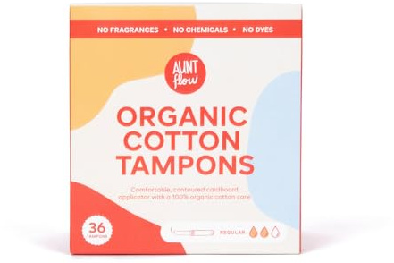 Aunt Flow Organic Cotton Tampons, Cardboard Applicator, Regular Absorbency, BPA-Free, Hypoallergenic, Unscented, 36 Count