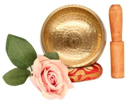 Original tibetische Klangschale mit Sockel und Holzklöppel - handgefertigt in Nepal für Heilung, Bewusstseinsbildung und Meditation (Golden Hammered big)