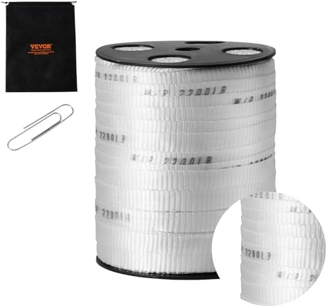 VEVOR Dragband av polyester, 96,9 m x 1,6 cm, platt rep, dragkapacitet 998 kgf, tryckt bandband för förpackning, trädgårdsarbete, kommersiell el, rörarbete, vit