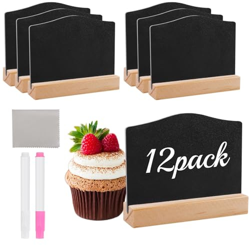 12 Stück Mini Tischtafeln Mit Holzständer Kreidetafel Zum Beschriften | Doppelseitige Schilder & Holzbasen Inklusive 2 Stifte & Tuch, Abwischbare Buffet Schilder & Preisschilder, 10x7.5cm