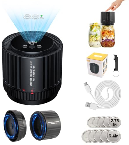 Domigard Envasadora al Vacio Tarro de Masón, Eléctrico con Pantalla LED Vacuum Sealer para Albañil Tarro, Viene con 10 Tapas y Abridor de Botellas, apto para Conservas y Conservación de Alimentos