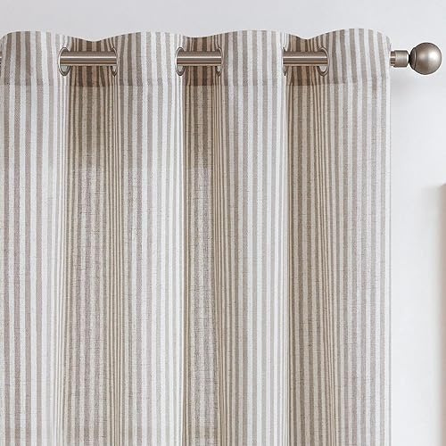 TOPICK Linen Curtains for Living Room 63 inches Long Grey Striped Curtains for Bedroom Stripe Pattern Curtain Light Filtering Eyelet Curtain Window Decoration 2 Panels