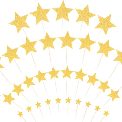 JJUNW 35 st stjärna cupcaketoppar, blinka stjärna cupcake plektrum (guld) | Blandad storlek lite blinkande, glitterstjärnor tårtdekoration, för födelsedag och babyshower