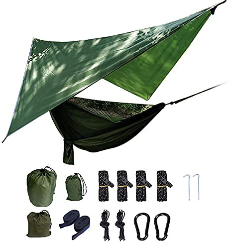 Outdoor-Camping-Hängematte mit Regenfliege, Moskitonetz, Baumgurte, leichtes und tragbares Zelt für Wandern, Reisen, Strand, elastisches Set für einfachen Aufbau, ideal für Outdoor-Aktivitäten