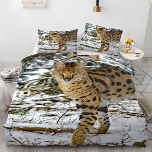 EXSANLIEAY Serval Katze BettwäSche 135x200 Schnee BettwäSche-Sets füR Jeden, Bettbezug Wende Microfaser mit Reißverschluss - 1 Bettbezügen & 2 Kissenbezügen 80x80, Weich & Bügelfrei