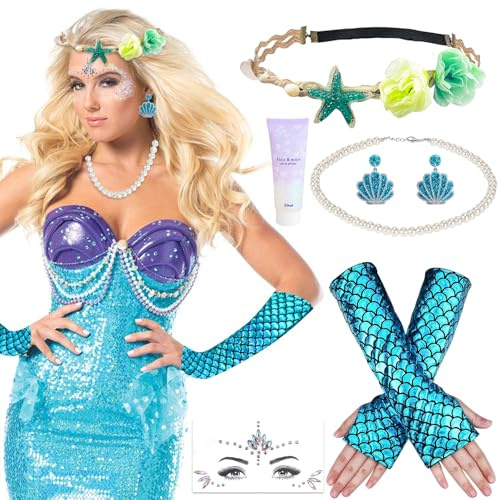 6 Meerjungfrau Kostüm Damen Accessoires Mädchen für Fasching Karneval | Unterwasserwelt Kostüm mit Haarreif, Handschuhe,Ohrringe,Perlenkette,Edelsteine Gesichtstattoo,Festival Glitzer Gel