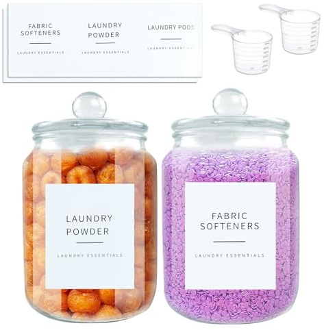 Yallmie 2-Piece Washing Powder Dispenser, Dishwasher Tablet Container Glass Dishwasher Tablets Storage with Label Laundry Soap Powder Storage Jars Containers for Room Accessories