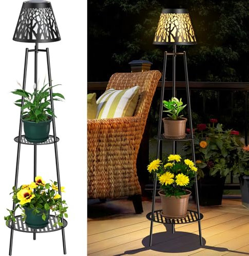 2 Pack Solar Floor Lamps Outdoor with 2-Tier Plant Stand, Metal Tall Planter Holder with Waterproof LED Lantern, Decorative Patio Light & Flower Pot Display Rack for Garden, Deck, Porch, Balcony