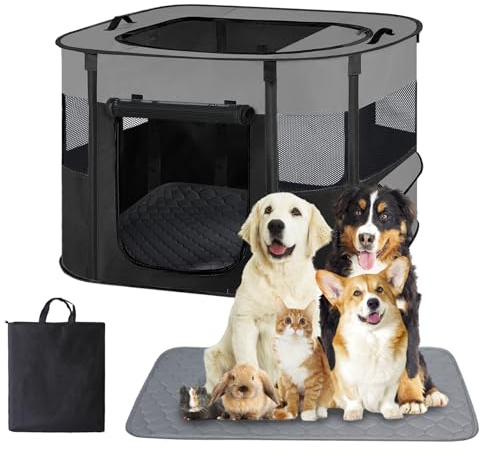 Portable Dog Cat Playpen with Waterproof Pad,Collapsible Pet Puppy Kitten Crate,Foldable Small Animals Kennel Cage for Indoor Outdoor Travel Camping,Water-Resistant Breathable Shade Cover (Grey M)