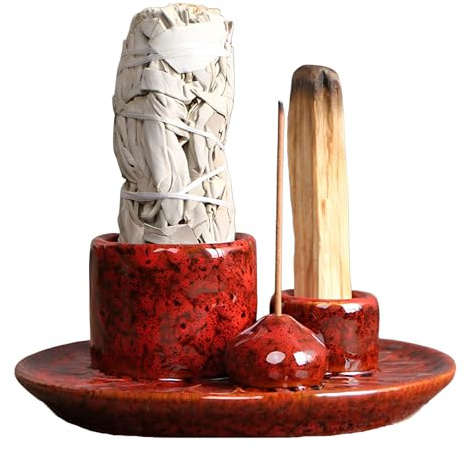 Porta-Inciensos 4 En 1, Soporte de Incienso de Cerámica, Porta Incienso, Soporte Incienso, Quemador de Incienso, Soporte de Salvia para Quemar, Soporte para Palo Santo para Yoga, Meditación(Rosa)