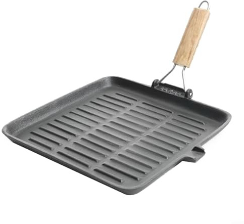 Bistecchiera in ghisa, 20X20 cm, Quadrata, Pre-stagionata, con Manico Pieghevole in Legno, per Piano Cottura, griglia, FAL¨°, Cucina, Versatile, Uso Interno ed Esterno, ritenzione del Calore