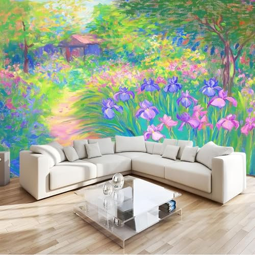 3D Fototapete Blumen Dem Ländlichen Weg Der Zum Holzhaus Führt, 350 x 256 cm Vliestapete Wandbild Fototapeten, Vlies Tapeten Wandtapete Schlafzimmer, TV Hintergrund Wand Moderne Wanddeko, Farbe
