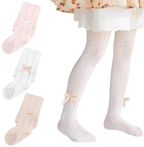 MFDYMYGS Confezione da 3 collant per neonati, collant in cotone con fiocco a nastro per ragazze, calze da neonato traspiranti in rete per 0-12 anni, 4-6 Years