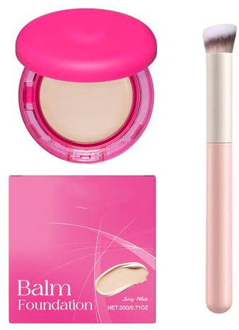 Peptide Bounce Foundation Set,Polvo de cobertura media + brocha de maquillaje,Base de maquillaje antiedad para pieles maduras, Bálsamo hidratante natural 20g (Lvory White)