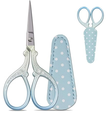 1 st broderisax liten hantverkssax i rostfritt stål, hantverkssax i rostfritt stål för sömnad gängning handarbete hantverk trimning med läderskyddsfodral blå