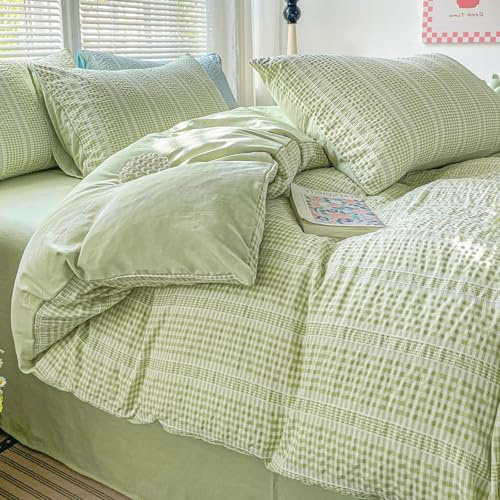 Guchuang Bedding Set di biancheria da letto king size, motivo seersucker, verde 3 pezzi, copripiumino in morbida microfibra, resistente alle pieghe e decorativo, con cerniera nascosta (king size, 220