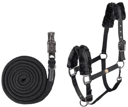 WALDHAUSEN Halfter Set Modern Rosé - Schwarz - Elegantes Warmblut Pferdehalfter mit weichem Synthetik-Fell & geflochtenem Anbindestrick mit Panikhaken - hochwertig, verstellbar & komfortabel