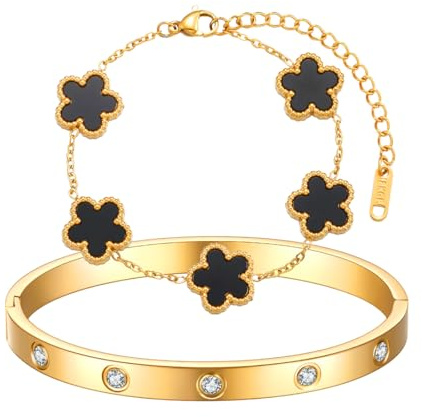 XIWCAFC Kleeblatt Armband Damen 18K Vergoldet Vierblättriges Kleeblatt Armbander Gold Armband Set Cubic Zirkonia Armreif 2 Stück Schmuck Set für Frauen Geschenke Geburtstags