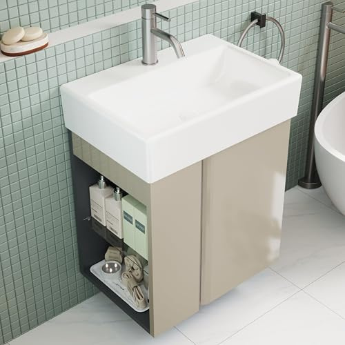 BRIDGE BENO Mueble de Baño Compacto 50 cm con Lavabo de Cerámica Aseo de Invitados y Espacios Pequeños, Topo Brillo
