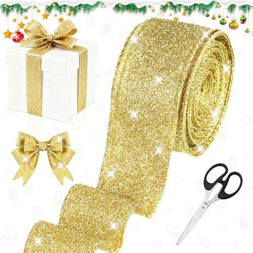 Koxtyzo Goldenes Schleifenband mit Draht 10M, Geschenkband Glitzer mit Schere für Weihnachten, Dekoband für Weihnachtsbaum, Geschenke & Kränze