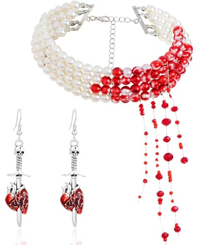 Vampir Kostüm Damen Set - Halloween Accessoires Damen & Vampir Zubehör - Blutige Perlenkette & Ohrringe für den Grusel-Look, Halloween Kostüm damen, Verstellbarer Blutige Perlenkette für Halloween
