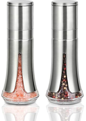 Aelga Salt and Pepper Grinder Set - Manual Pepper Mill with Adjustable Coarseness, Stainless Steel & Glass Salt Grinder Refillable for Kitchen & Dining Table