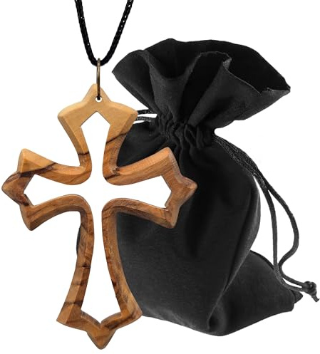 Lunexus Pendentif en forme de croix en bois d'olivier fait à la main à Bethléem avec ruban noir de 80 cm et pochette en velours - Avec certificat - Collier religieux - Cadeau de baptême, communion