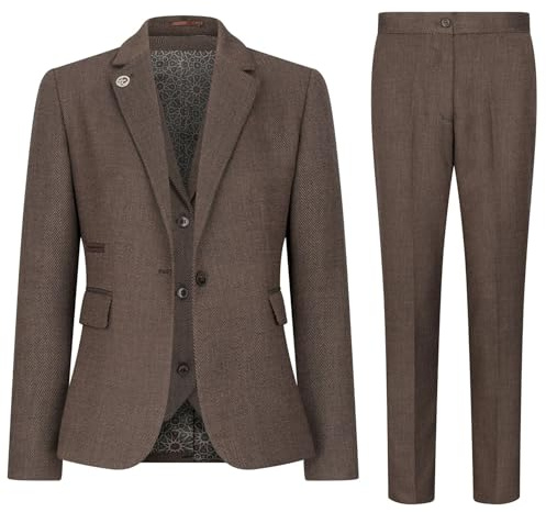 Women's 3 Piece Tweed Suit Brown Herringbone Pattern Tailored Fit Business Formal Ladies Dress - Brown 10