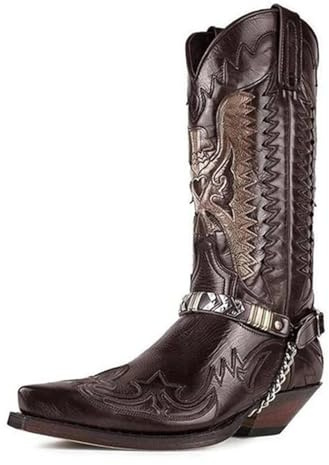ZhiQin Marron,48 EU, Bottes de Cowboy Western Vintage Homme, Cuir Multicolore Artisanal avec Chaîne et Clous, Bottes de Rodeo Durables