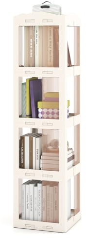 COSTWAY Bibliothèque Pliante Rotative, Étagère Tournante à 360°, Bibliothèque à 3/4/5 Niveaux, Étagère d'angle Haute, Organisateur de Rangement Translucide pour Salon, Bureau (Blanc,4 Niveaux)