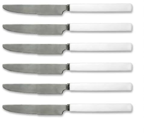 Set Coltelli da Tavola Coltello da Bistecca Seghettato in Acciaio N 6 Pezzi Coltelli da Cucina Lama 11 cm, Adatto per Carne Pomodoro Bistecca Affettare Pane Posate Lavabile in Lavastoviglie Bianco