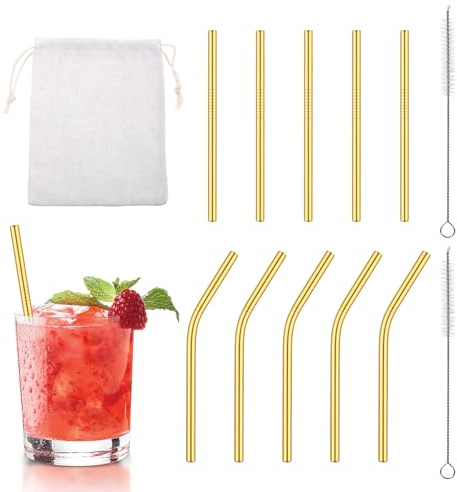10 Pack Gold Metal Straw Reusable Stainless Steel Straws 5 Straight 5 Bent 5Inch Short Metal Straws with 2 Cleaning Brush for Coffee Mugs, Small Glasses or Cups